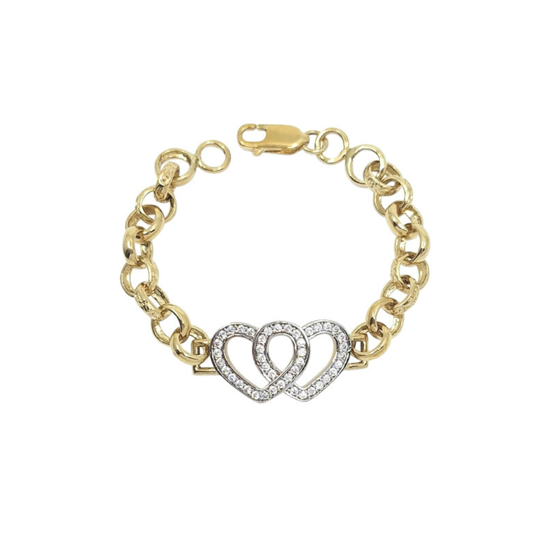 9ct Yellow Gold Child's Belcher Heart CZ Bracelet 6"