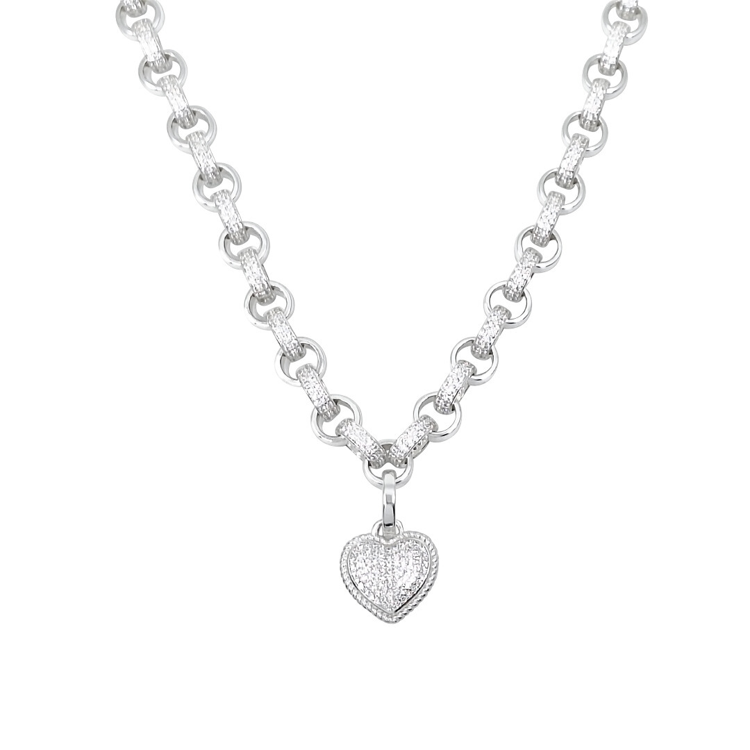 Silver CZ Heart Belcher Chain 18"