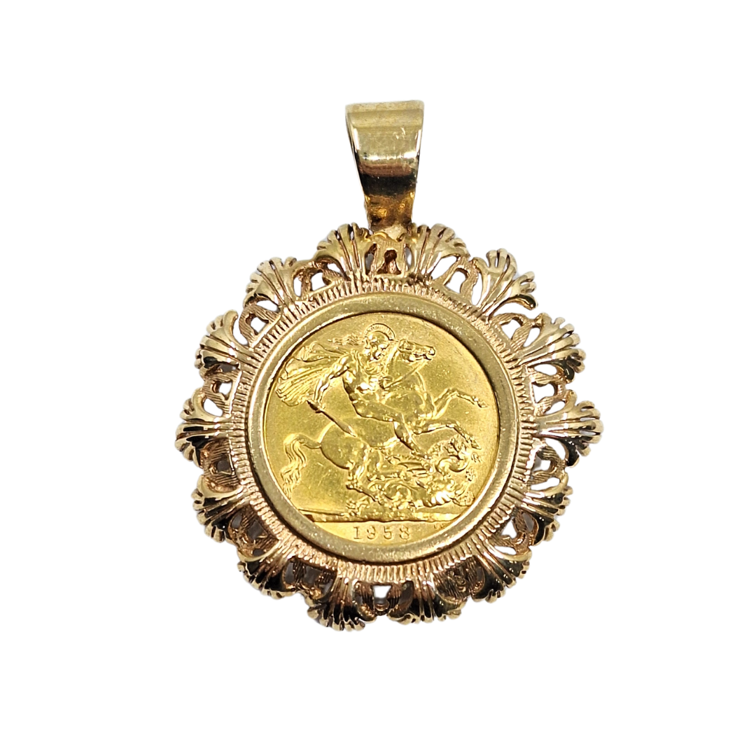9ct/22ct Yellow Gold Full Sovereign Pendant 1958