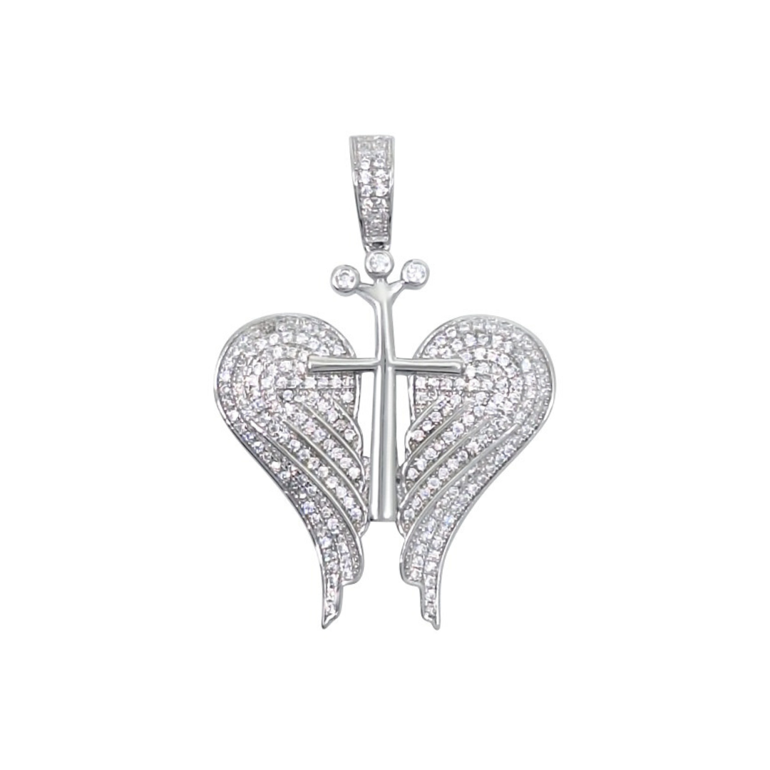 Silver & CZ Angel Wings & Cross Pendant