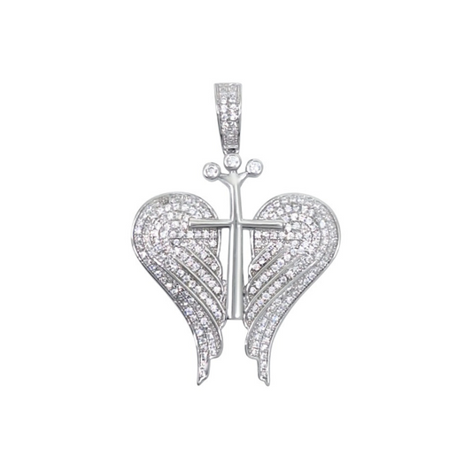 Silver & CZ Angel Wings & Cross Pendant