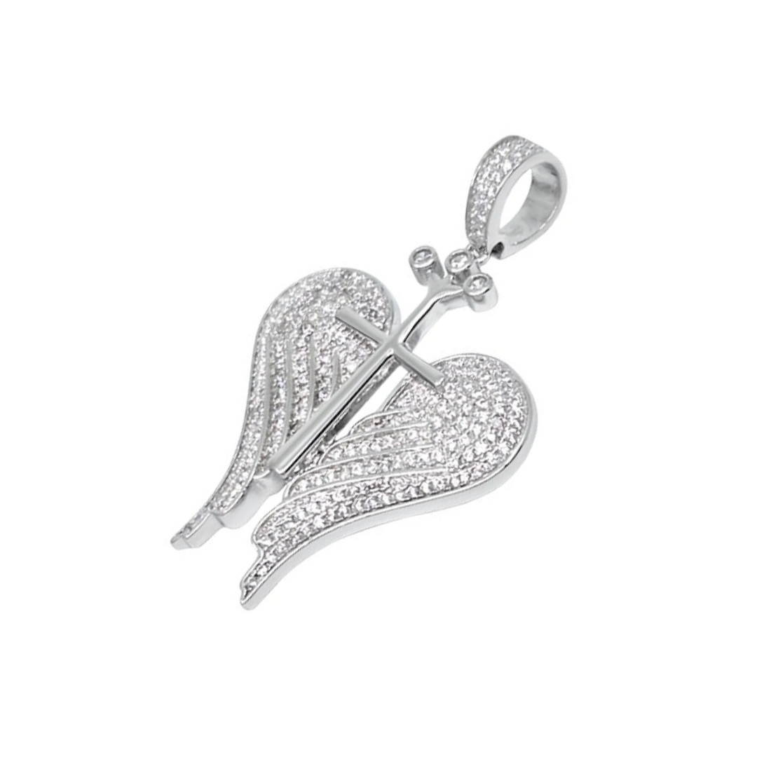 Silver & CZ Angel Wings & Cross Pendant