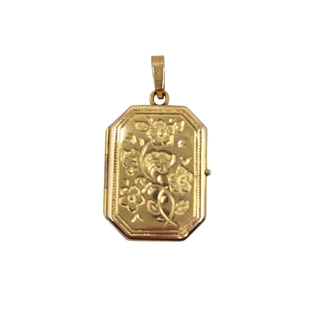 9ct Yellow Gold Engraved Octagonal Locket Pendant