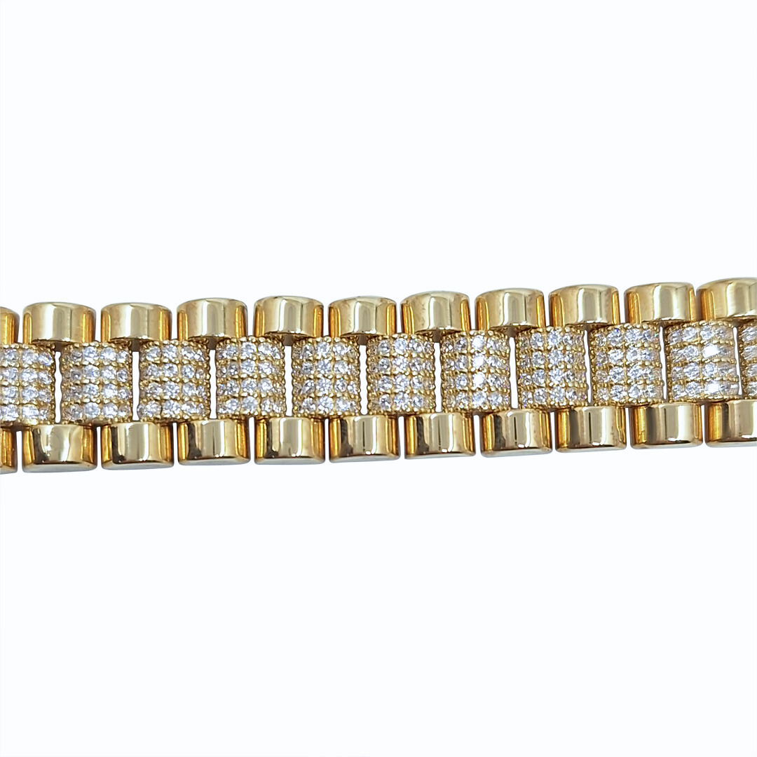 9ct Yellow Gold CZ Rolex Style Bracelet 7.25"
