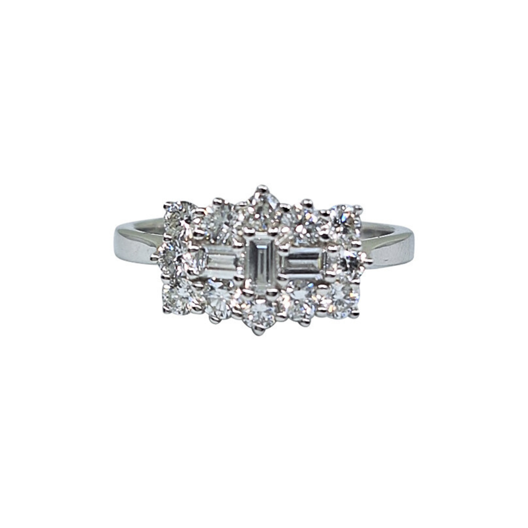 18ct White Gold Baguette & Round Diamond Cluster Ring