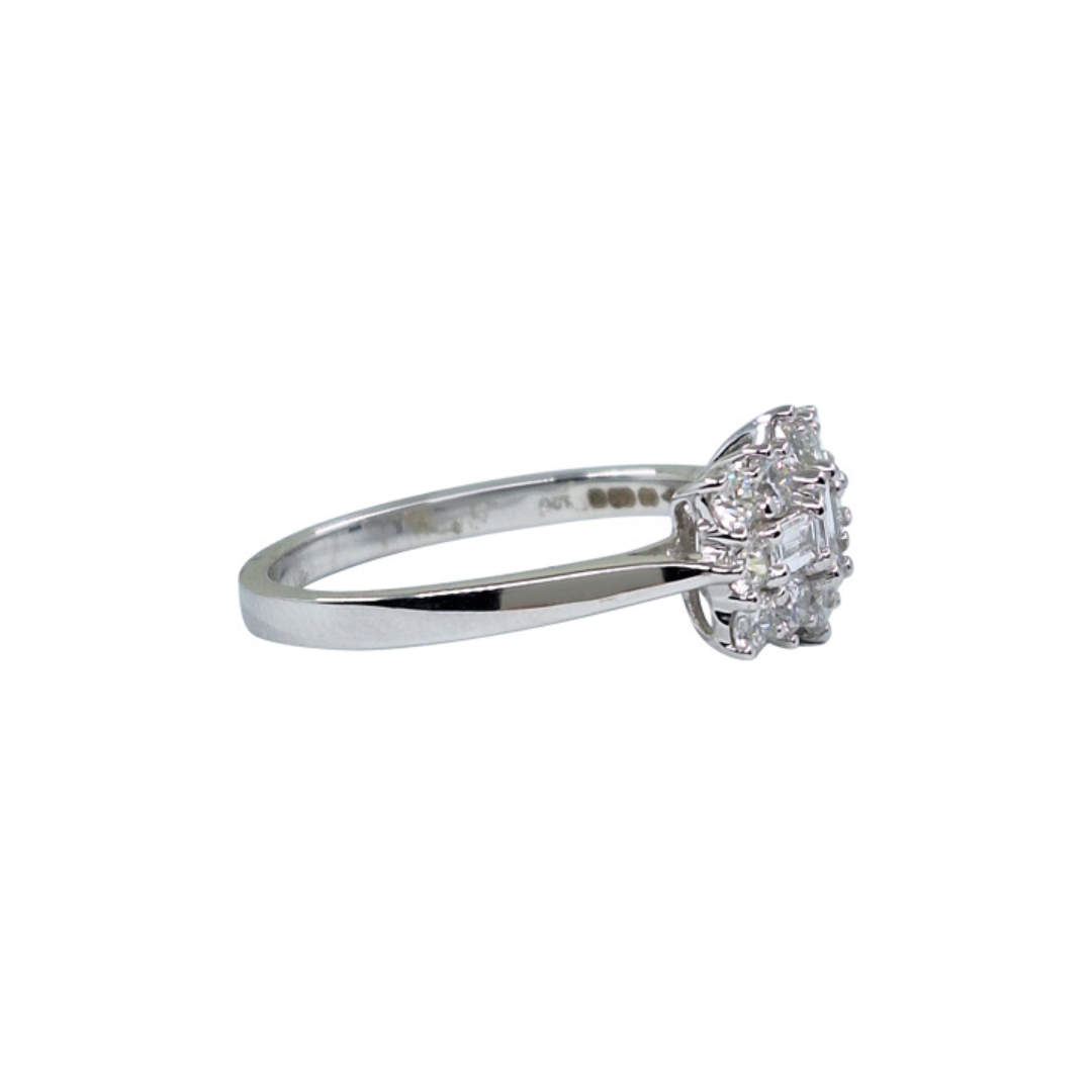 18ct White Gold Baguette & Round Diamond Cluster Ring