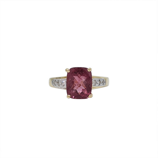 9ct Yellow Gold Rubellite & Diamond Ring