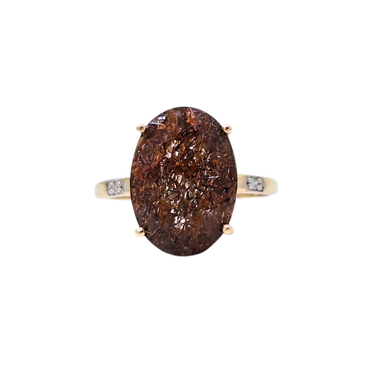 9ct Yellow Gold Red Rutile Quartz & Diamond Ring