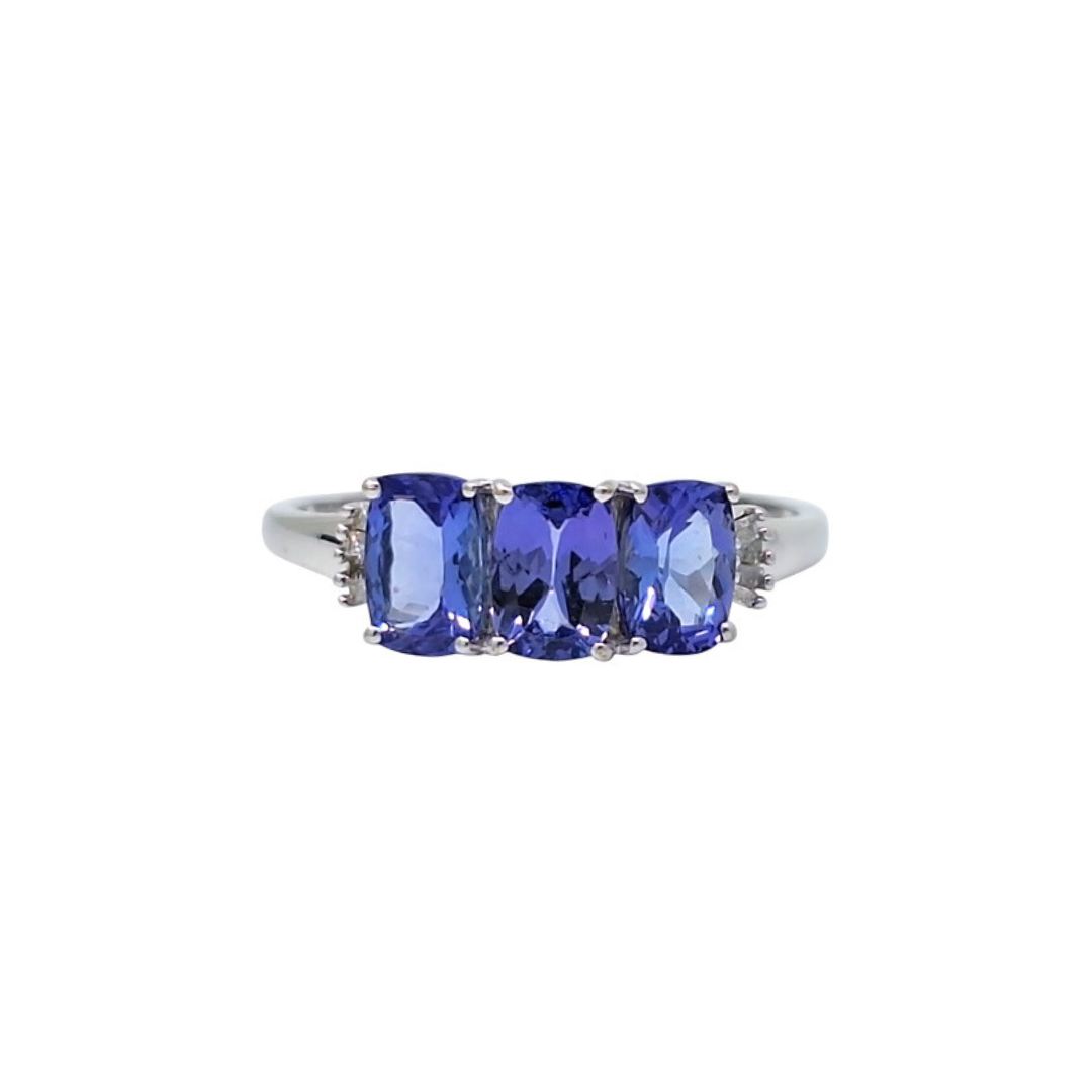 9ct White Gold Tanzanite & Diamond Three Stone Ring
