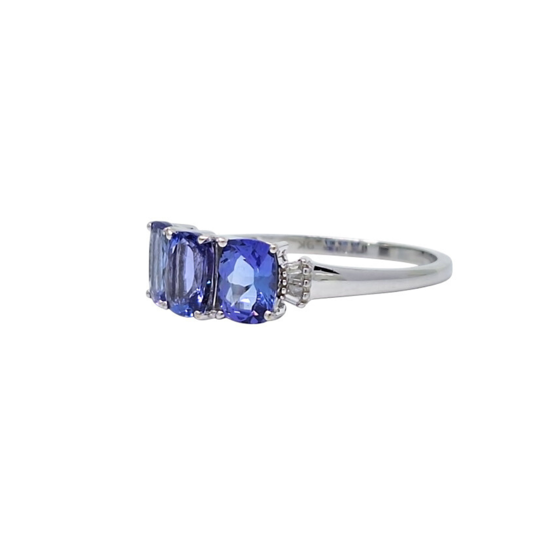 9ct White Gold Tanzanite & Diamond Three Stone Ring