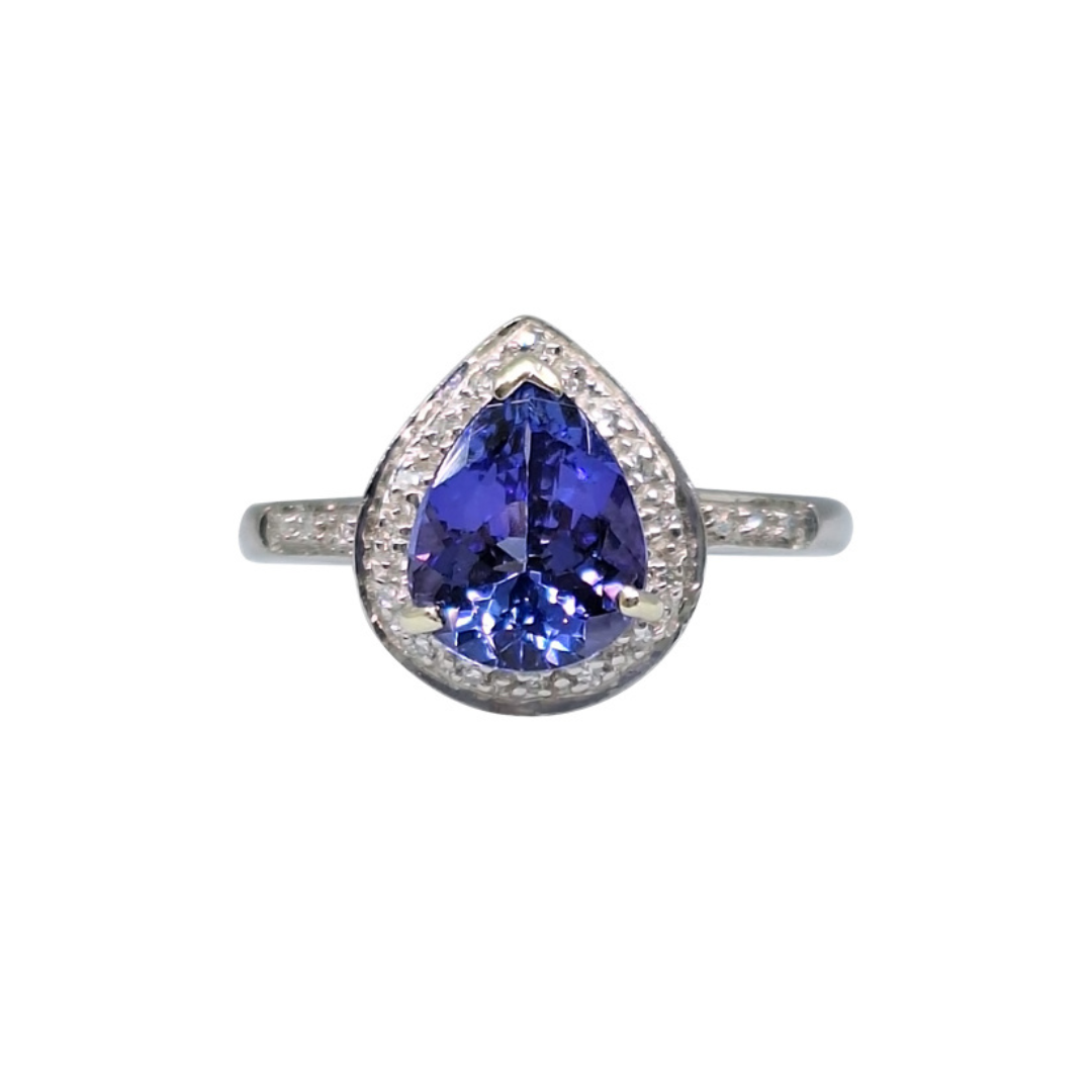 9ct White Gold Pear Shape Tanzanite & Diamond Halo Ring
