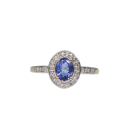 9ct Yellow Gold Tanzanite & Diamond Halo Ring