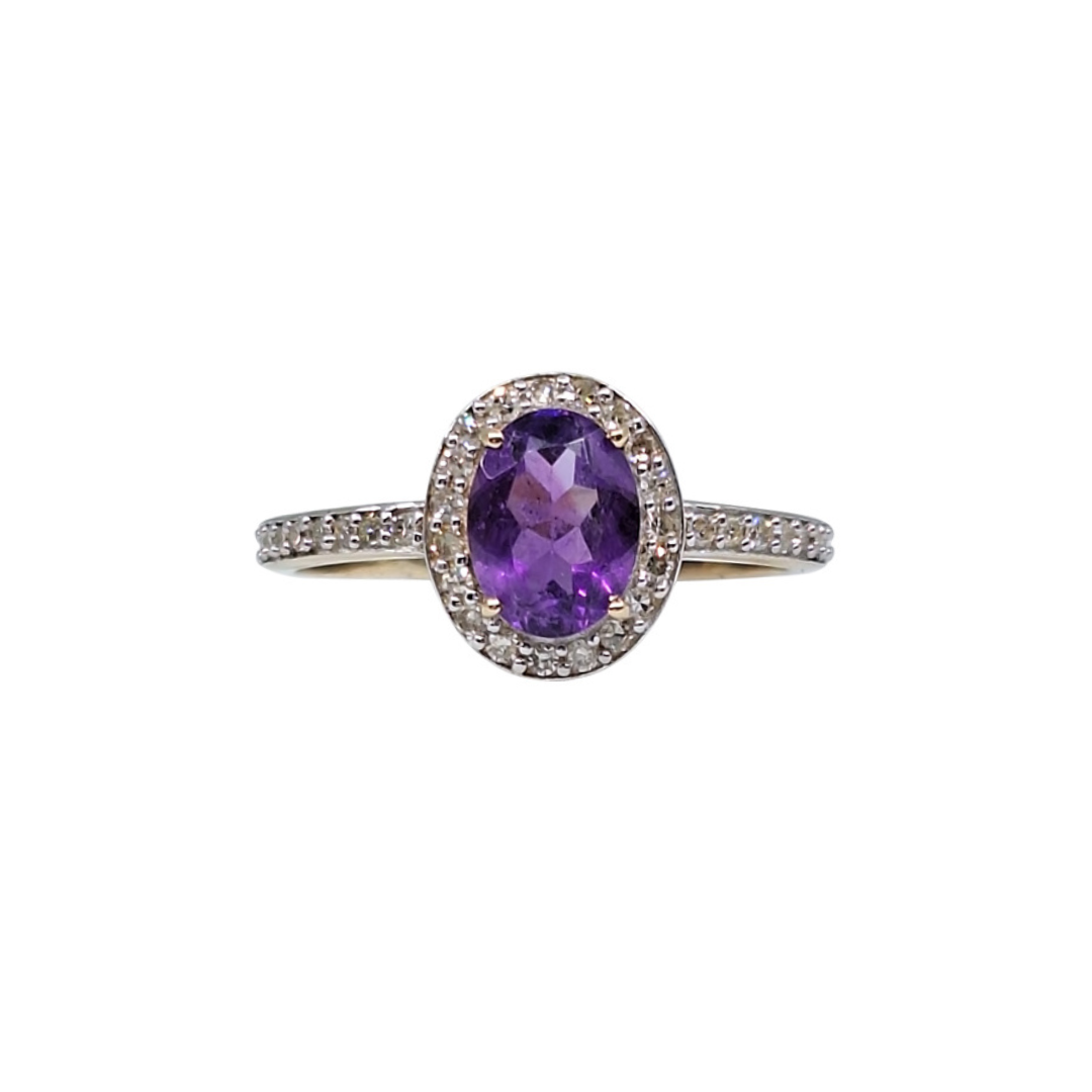 9ct Yellow Gold Amethyst & Diamond Halo Ring