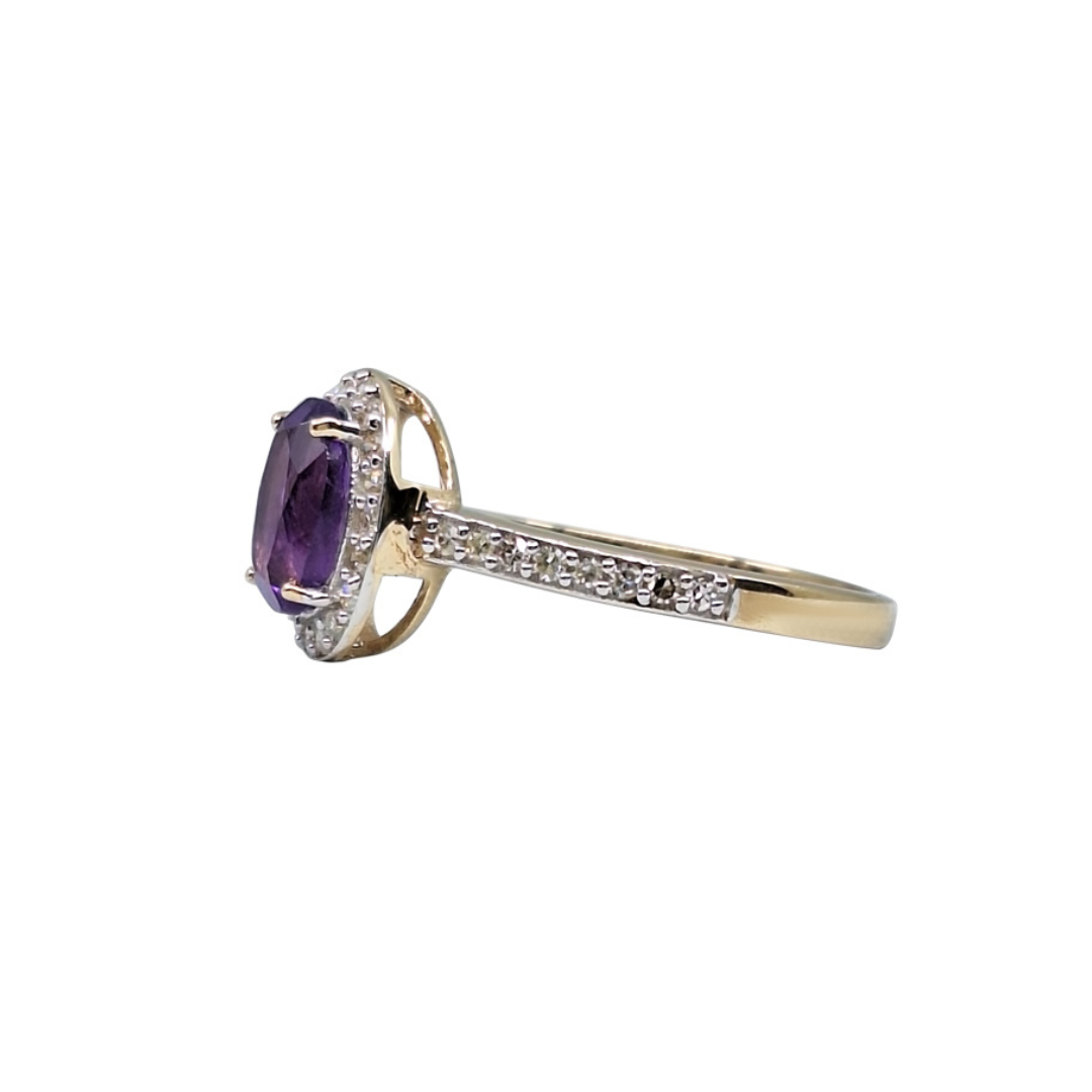 9ct Yellow Gold Amethyst & Diamond Halo Ring