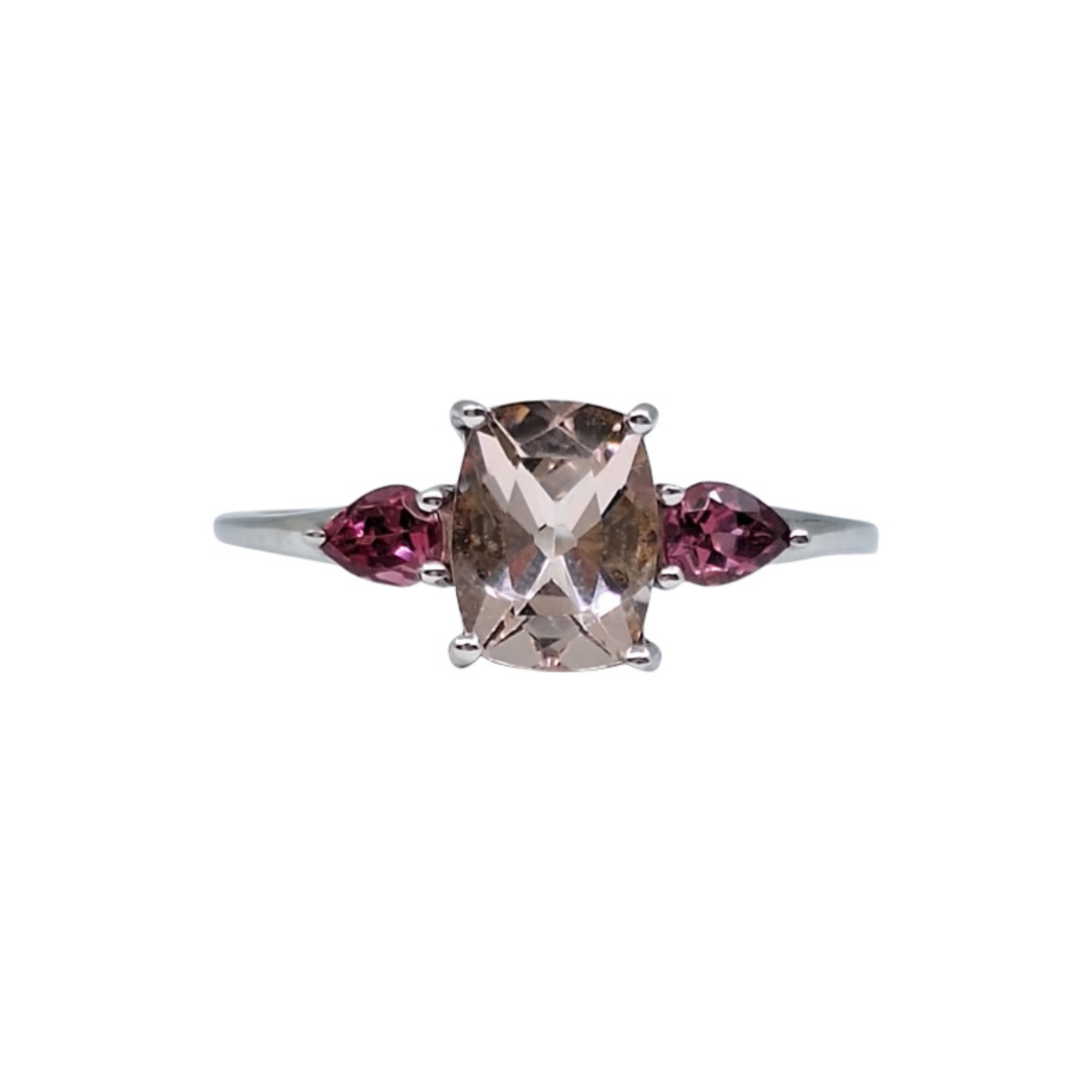 9ct White Gold Three Stone Pink Gemstone Ring