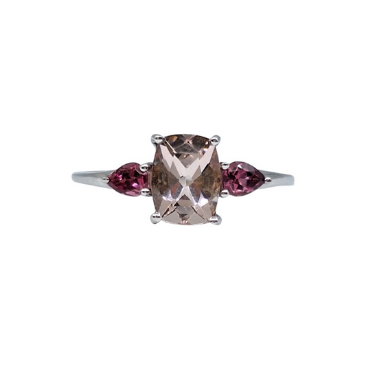 9ct White Gold Three Stone Pink Gemstone Ring