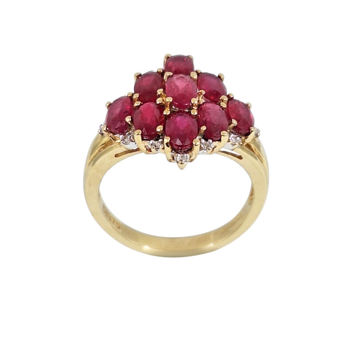 9ct Yellow Gold Ruby & Diamond Cluster Ring
