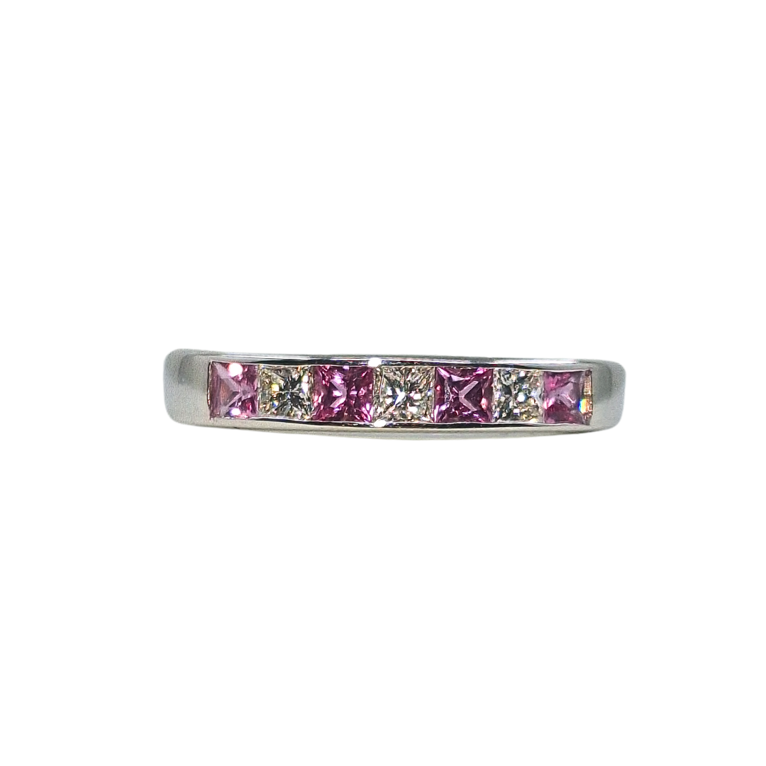18ct White Gold Princess Cut Pink Sapphire & Diamond Eternity Ring