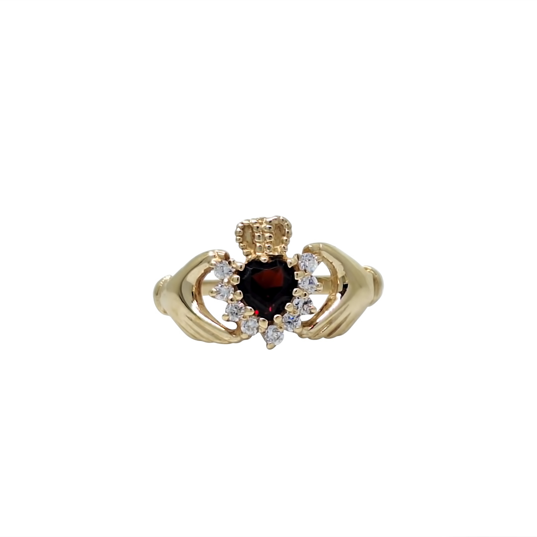 9ct Yellow Gold Garnet & CZ Claddagh Ring