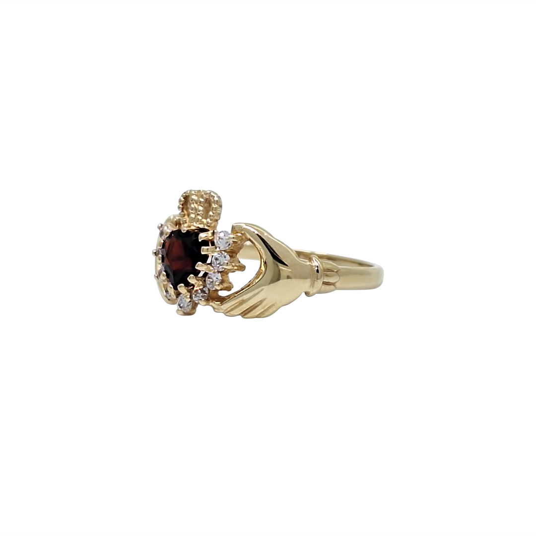 9ct Yellow Gold Garnet & CZ Claddagh Ring