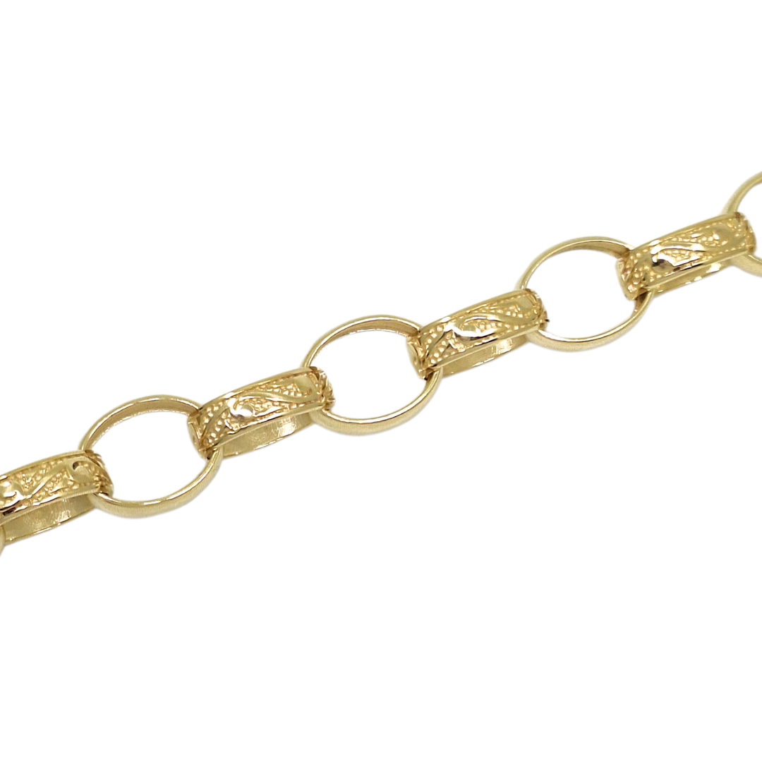 9ct Yellow Gold Large Oval Pattern & Plain Belcher Bracelet 9"