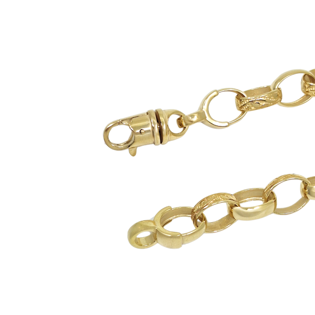 9ct Yellow Gold Large Oval Pattern & Plain Belcher Bracelet 9"