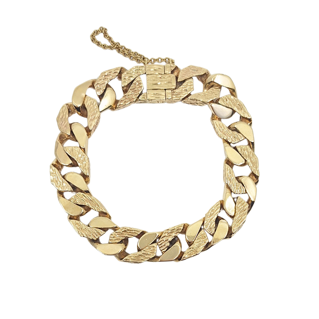 9ct Yellow Gold Barked & Plain Curb Bracelet 8.5"
