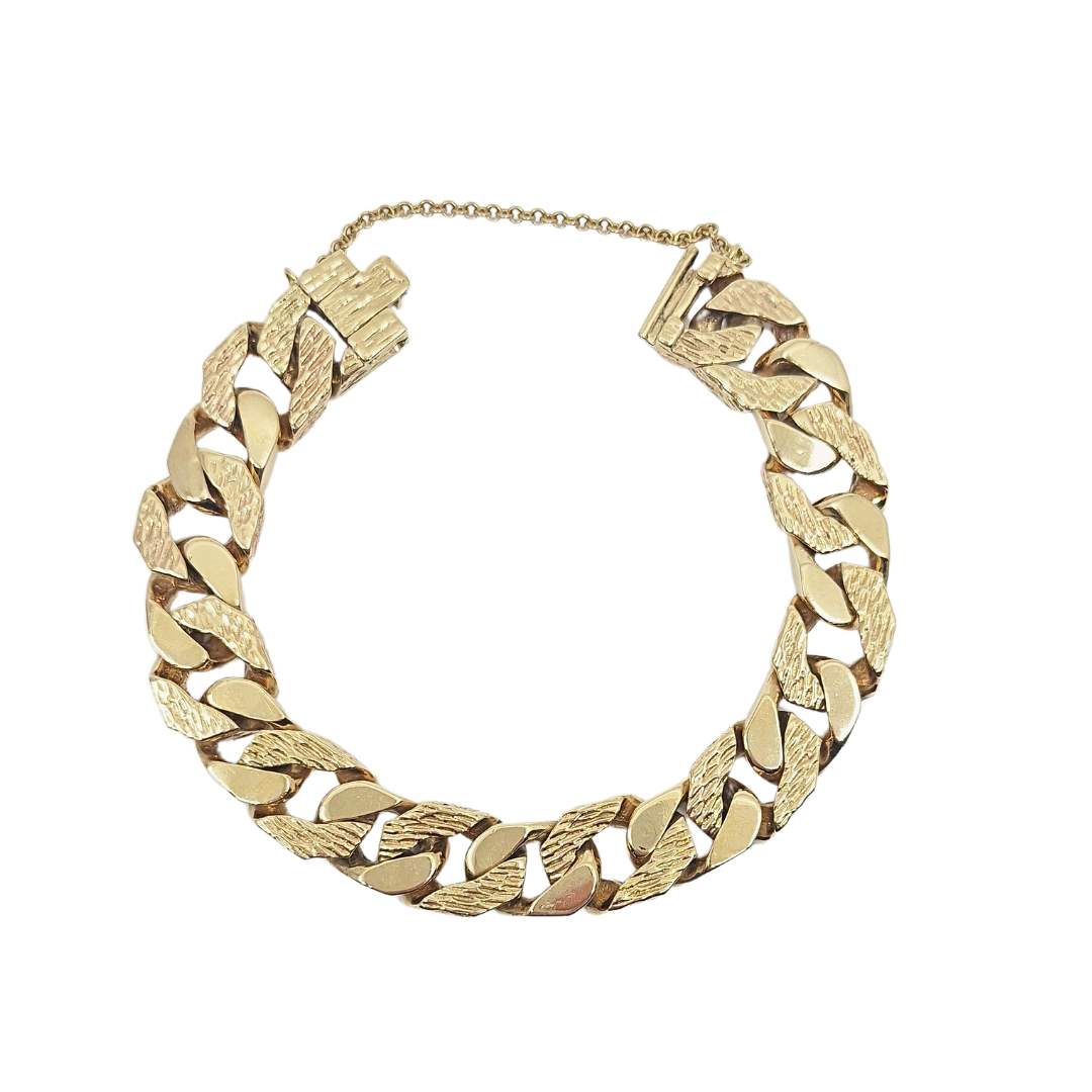 9ct Yellow Gold Barked & Plain Curb Bracelet 8.5"