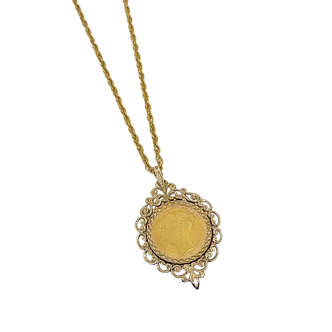 9ct/22ct Yellow Gold Full Sovereign Pendant & Chain 1885