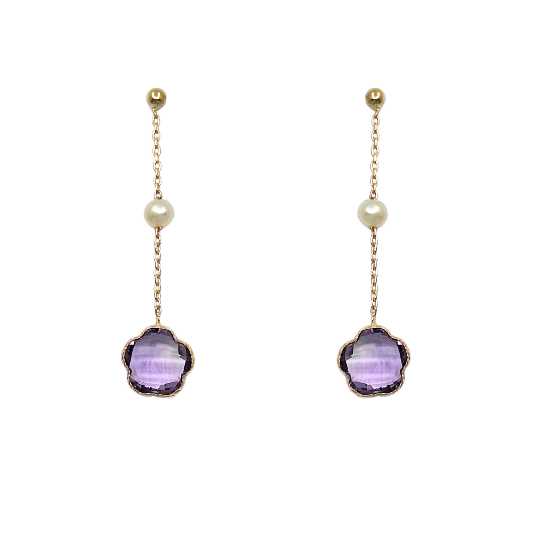 9ct Yellow Gold Amethyst & Pearl Drop Earrings