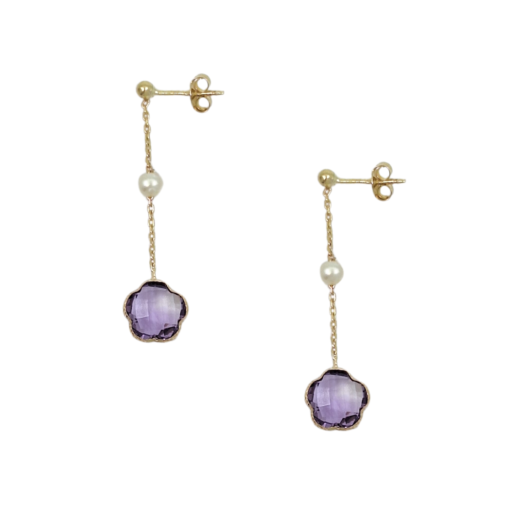 9ct Yellow Gold Amethyst & Pearl Drop Earrings