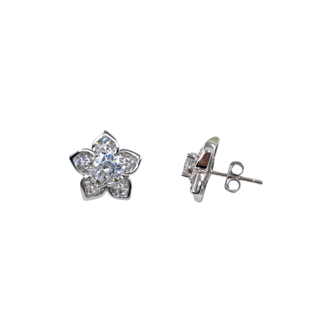 Silver Cubic Zirconia Flower Stud Earrings