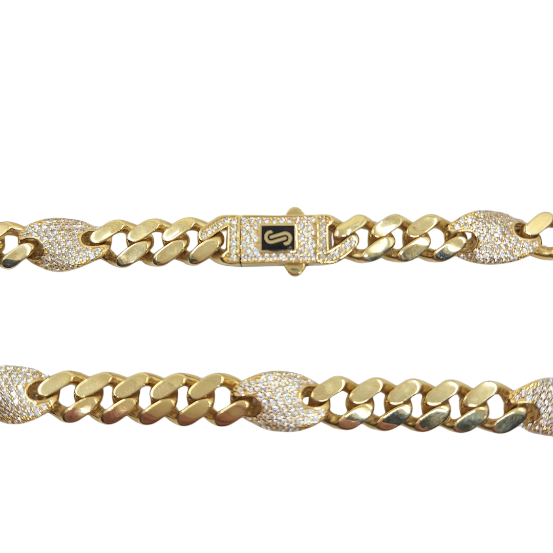 14ct Yellow Gold Hollow Cubic Zirconia Monaco Cuban Link Chain 21"