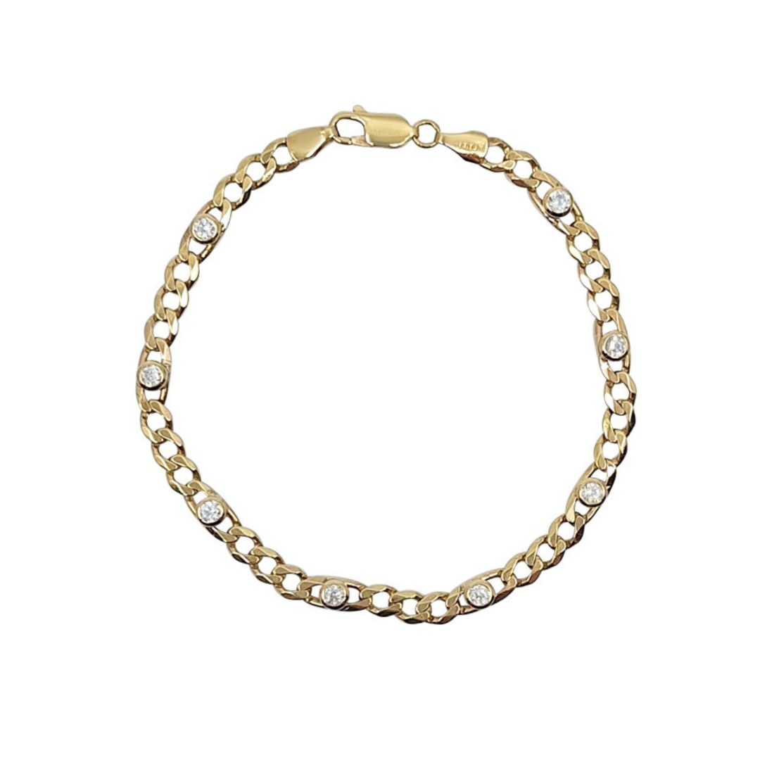 9ct Yellow Gold Cubic Zirconia Station Curb Bracelet 7.75"