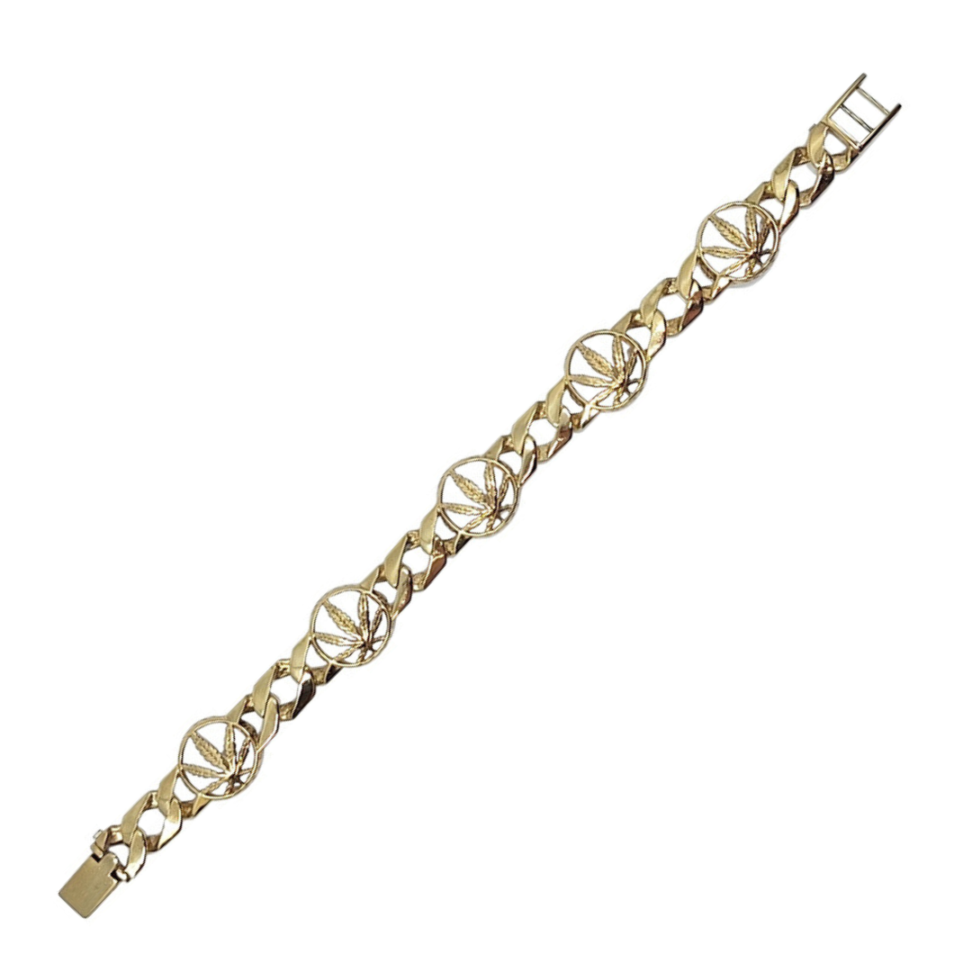 9ct Yellow Gold Marijuana Leaf Curb Bracelet 8.5"