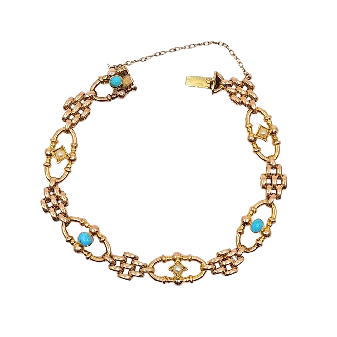 15ct Yellow Gold Turquoise & Seed Pearl Bracelet 7"