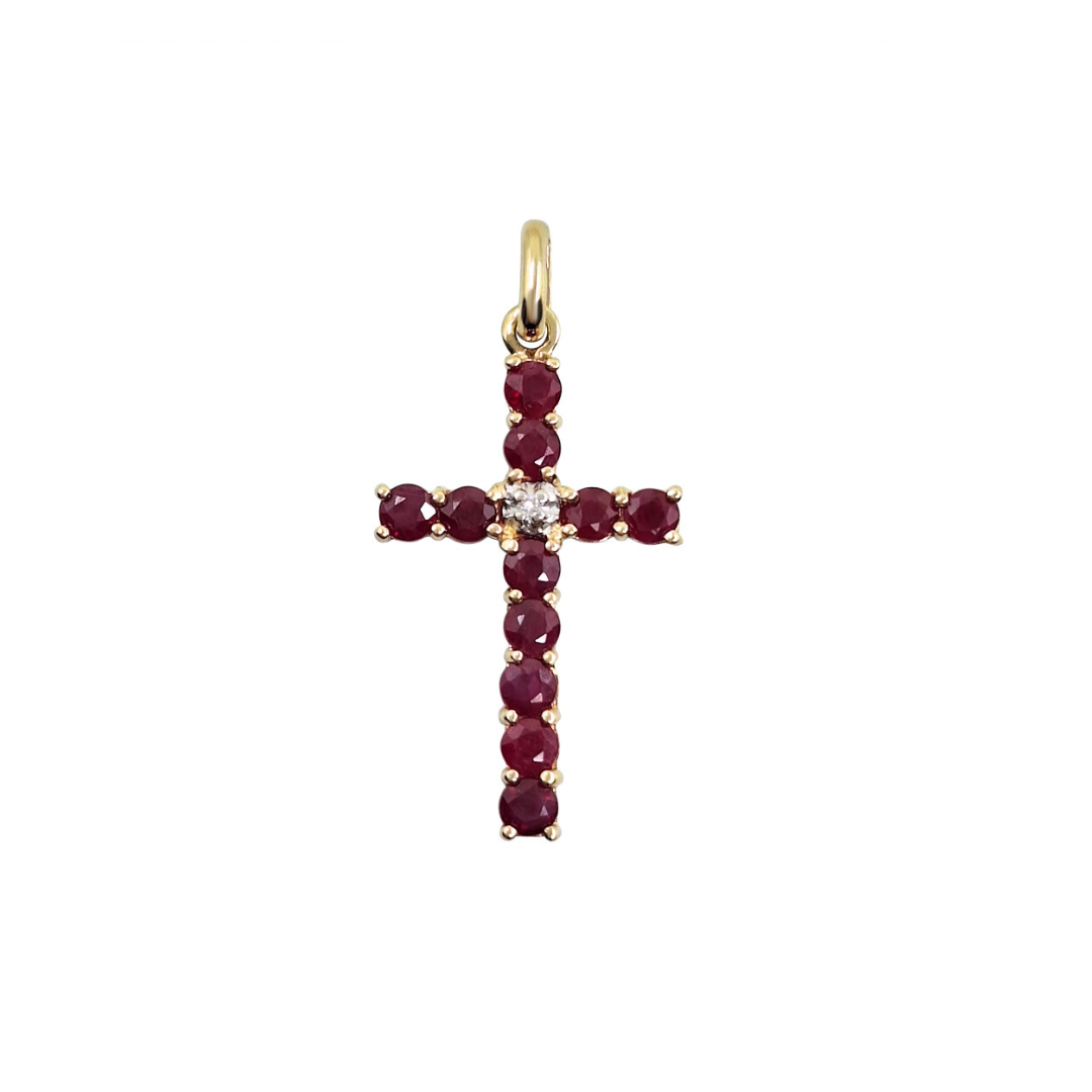 9ct Yellow Gold Ruby & Diamond Cross Pendant