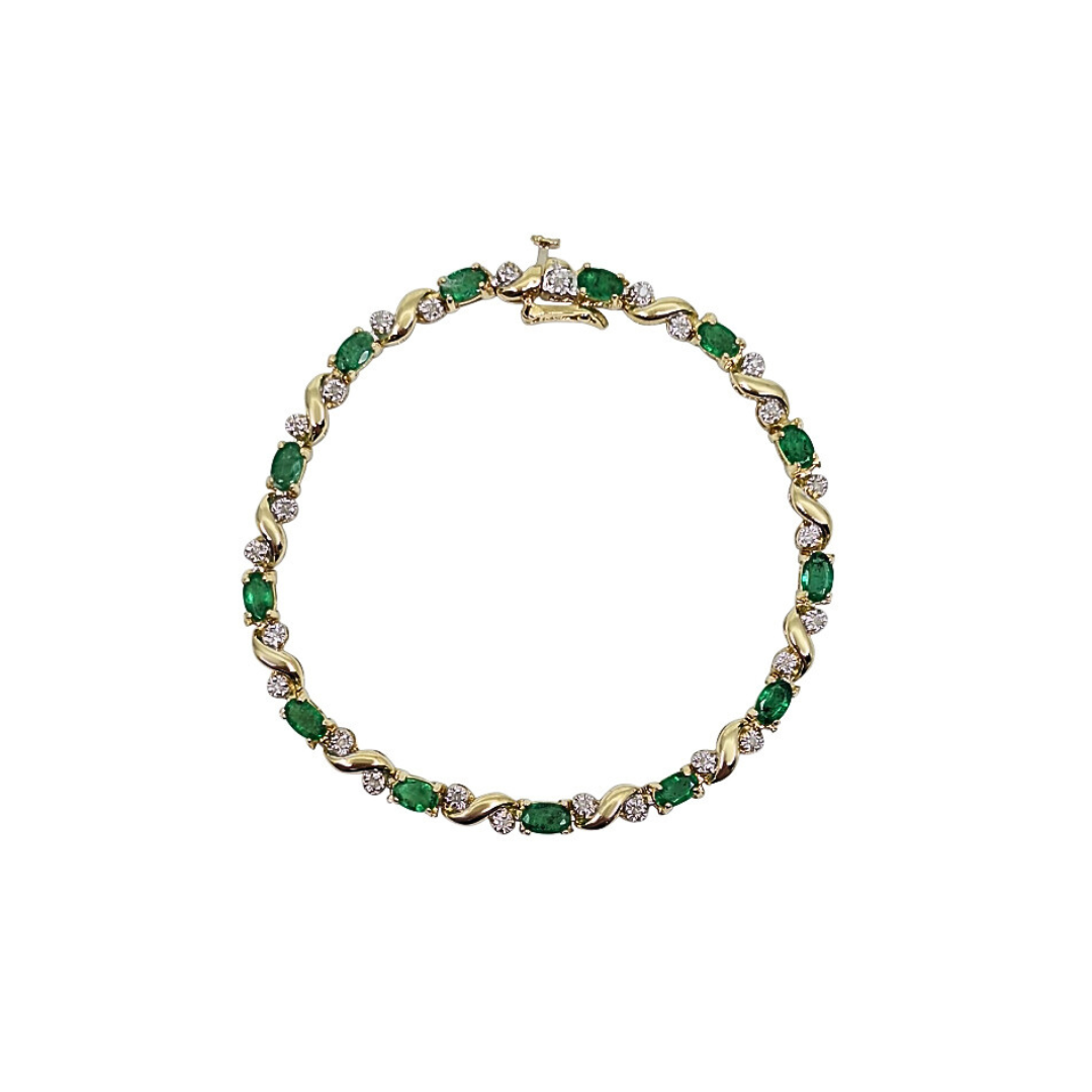 14ct Yellow Gold Emerald & Diamond Bracelet 7"