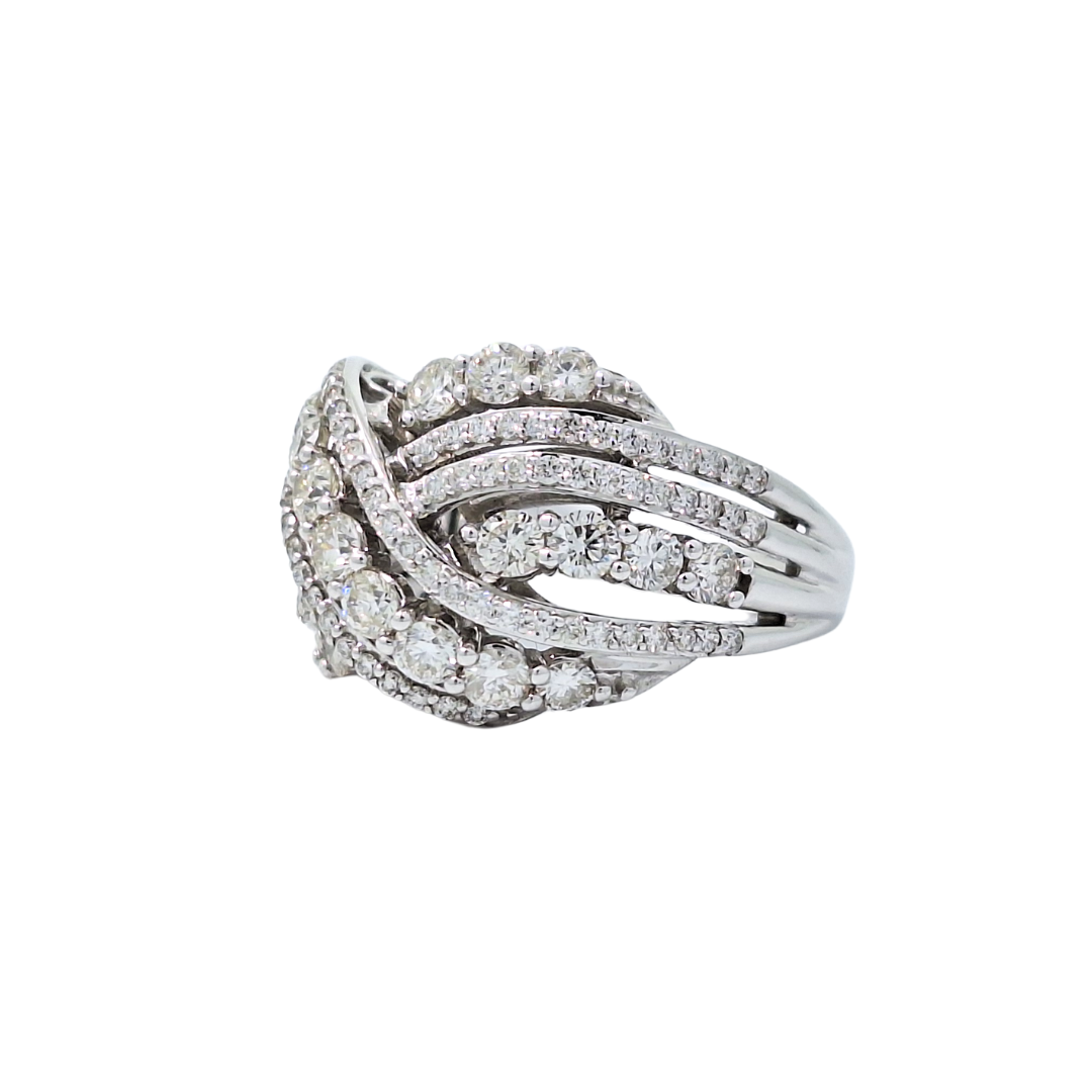 14ct White Gold Diamond Cluster Wave Band Ring 2ct