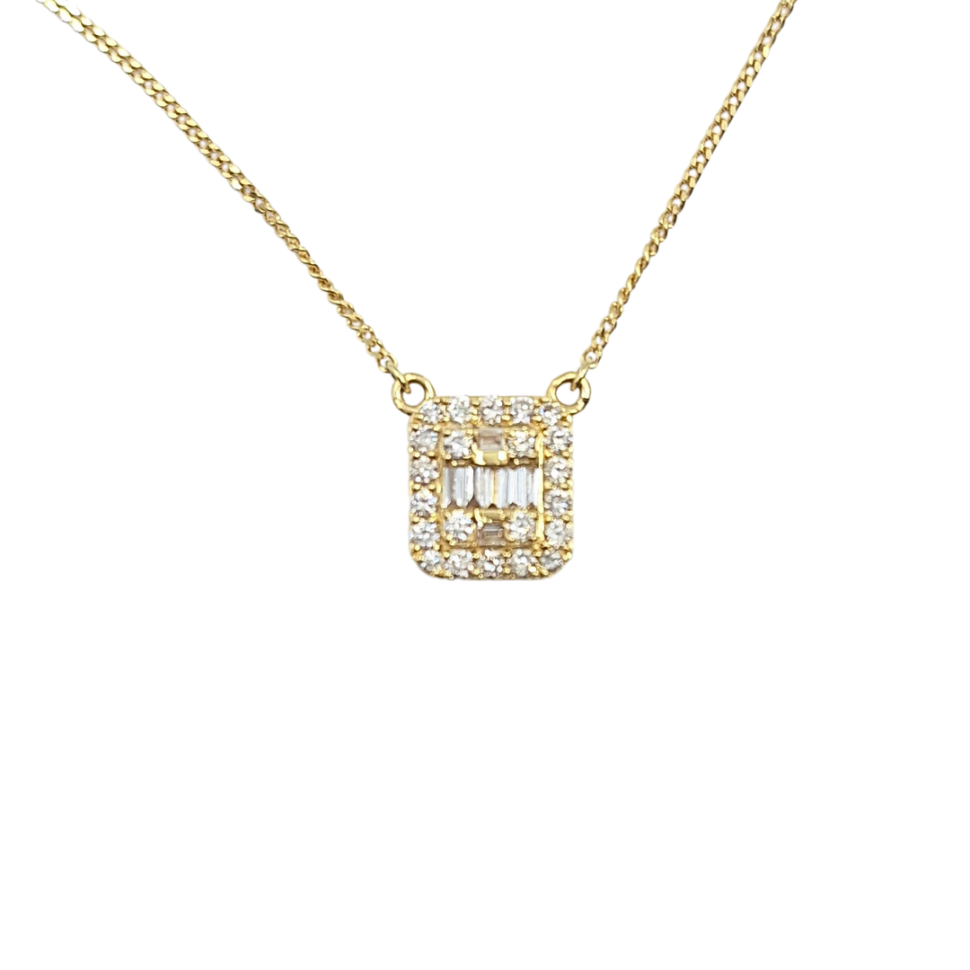 18ct Yellow Gold Baguette & Round Diamond Cluster Necklace