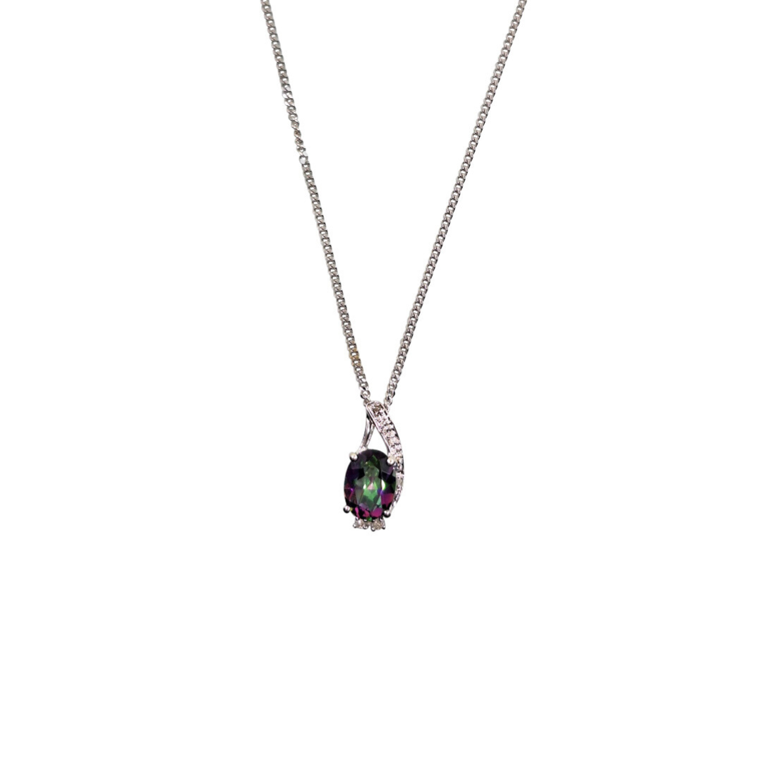 14ct White Gold Mystic Topaz & Diamond Pendant With Curb Chain