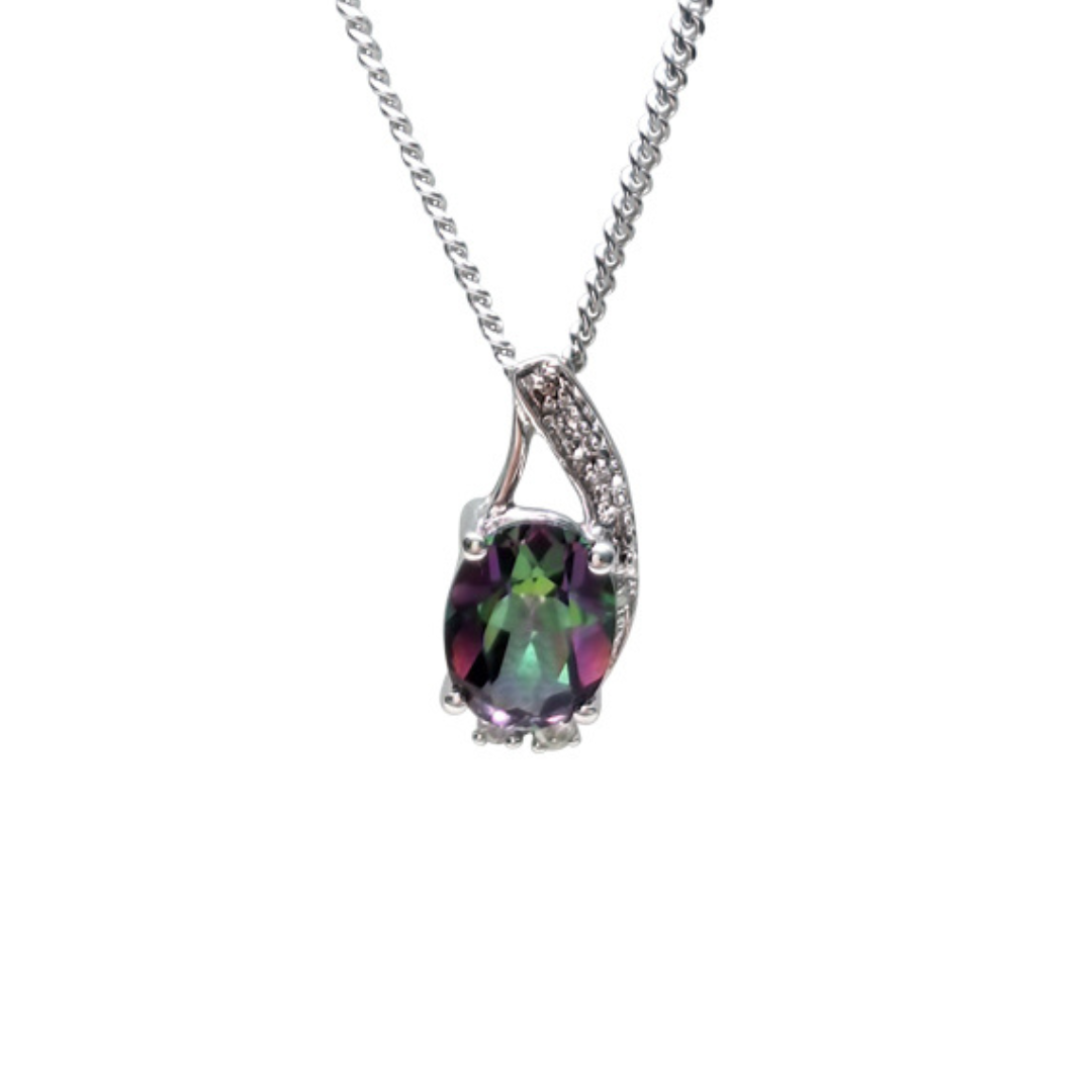 14ct White Gold Mystic Topaz & Diamond Pendant With Curb Chain