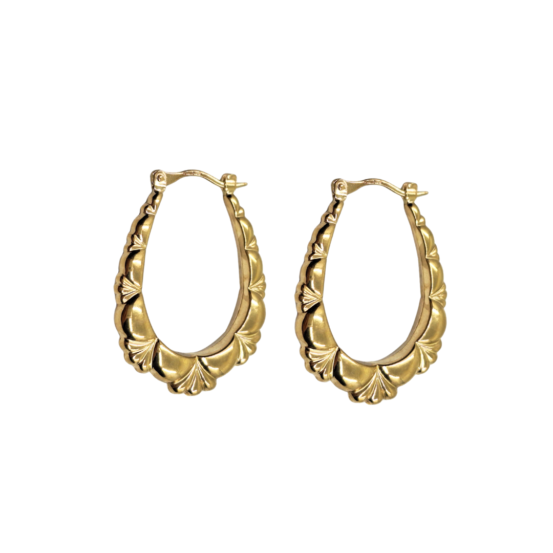 9ct Yellow Gold Patterned Oval Creole Earrings