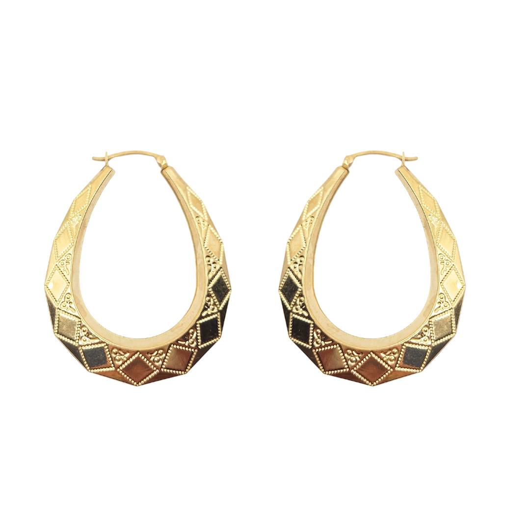 9ct Yellow Gold Patterned Oval Creole Earrings