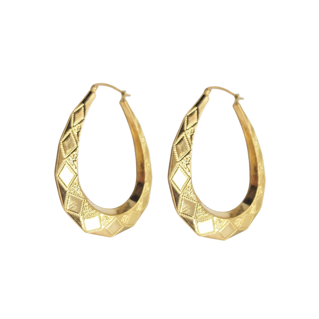 9ct Yellow Gold Patterned Oval Creole Earrings