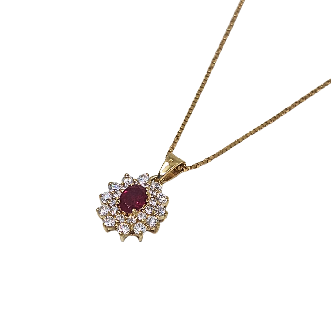 9ct Yellow Gold Red Stone CZ Pendant 16"