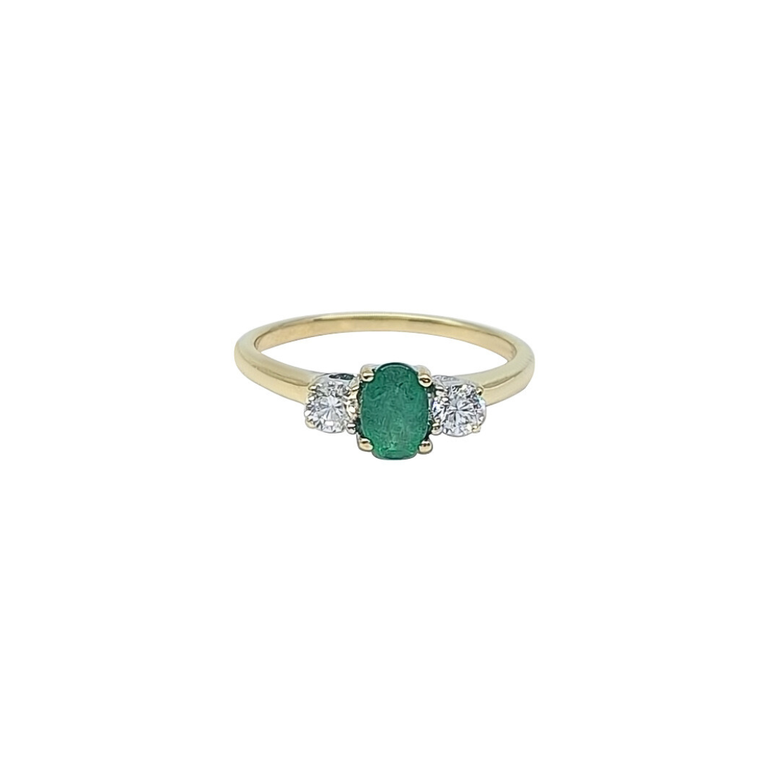 9ct Yellow Gold Emerald & Diamond Three Stone Ring