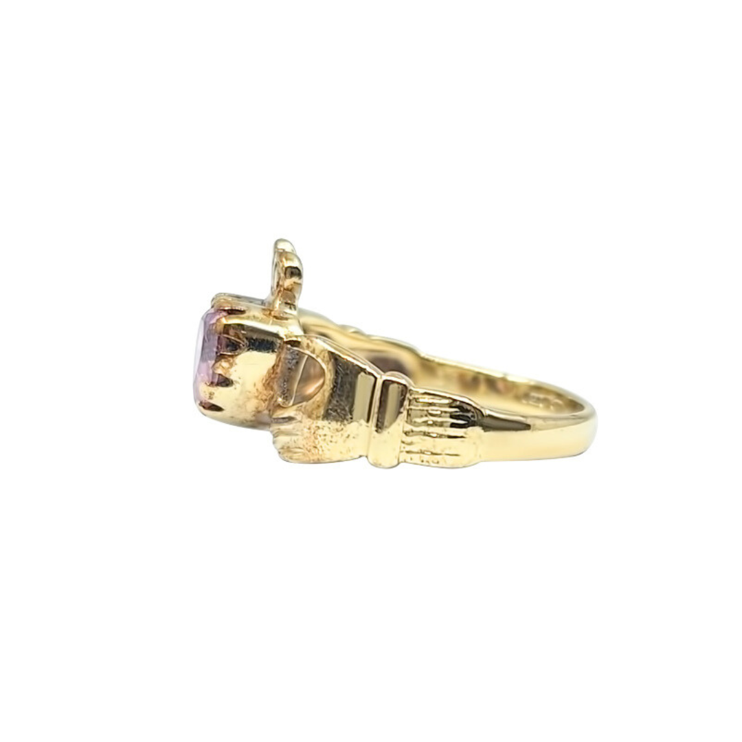 9ct Yellow Gold Pink Cubic Zirconia Claddagh Ring