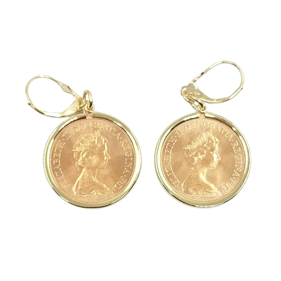 9ct/22ct Yellow Gold Full Sovereign Drop Earrings 1979