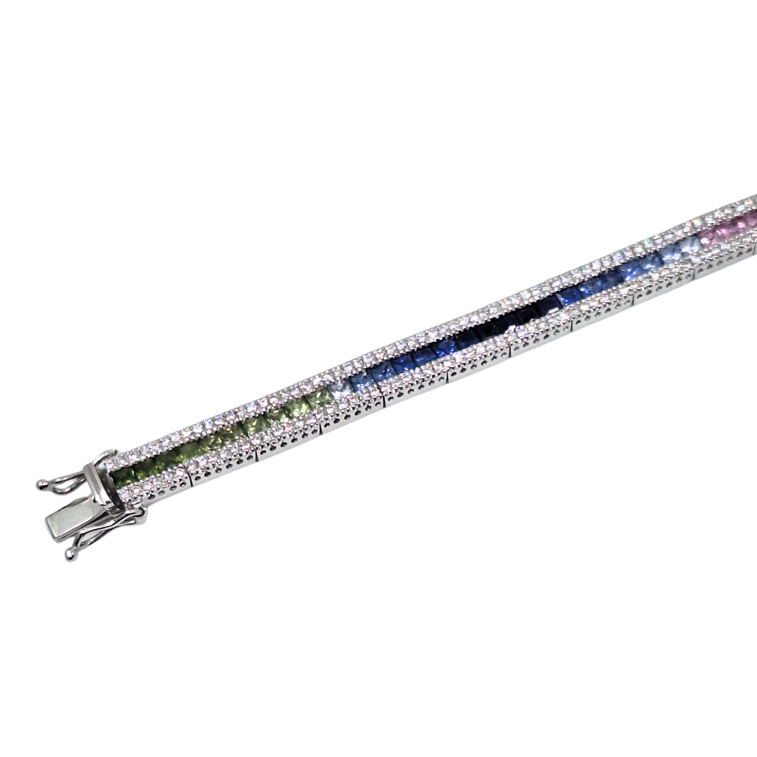 18ct White Gold Rainbow Sapphire & Diamond Bracelet 7.5"